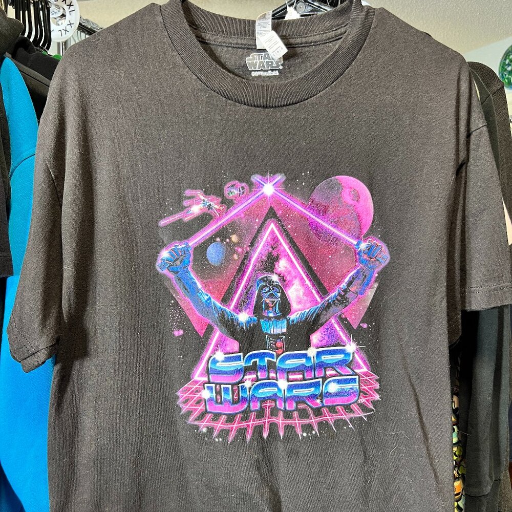 Star Wars Darth Vader Dual Saber Neon Glow Black Tee Tshirt SZ Large